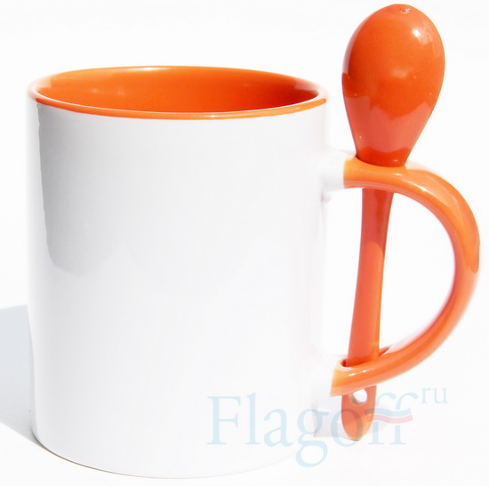 Кружка с ложкой внутри оранжевая и цветная ручка  