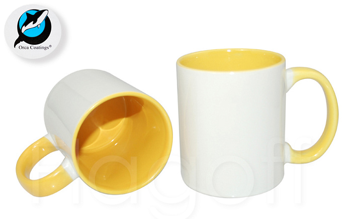 Кружка внутри желтая и ручка Orca Coating™ керамическая для сублимации. 