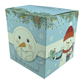 Коробка подарочная для кружки Снеговик голубая, мелованный картон