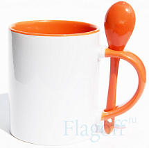Кружка с ложкой внутри оранжевая и цветная ручка  