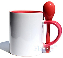 Кружка с ложкой внутри красная и цветная ручка  